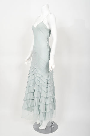 2004 Christian Dior by John Galliano Ethereal Ice Blue Silk & Tulle Tiered Bias-Cut Gown