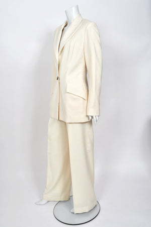 1999 Christian Dior by John Galliano Ivory Logo-Print Silk Enamel Buttons Pantsuit