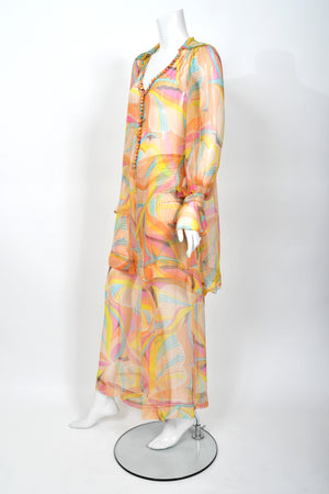 1967 Jean Muir Documented Psychedelic Op-Art Sheer Silk Tunic Mini Dress & Pants