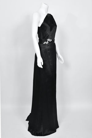 1930's Milgrim Couture Black Silk Rhinestone Deco-Bows Asymmetric Trained Gown