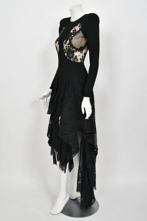 2010 Alexander McQueen Lifetime Black Crepe & Sheer Illusion Lace High-Low Gown