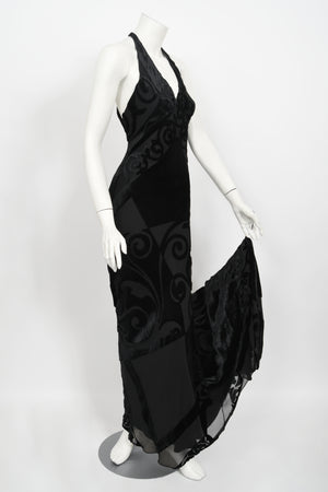 1997 Galindo Couture Black Devoré Velvet Bias-Cut Halter Trained Gown