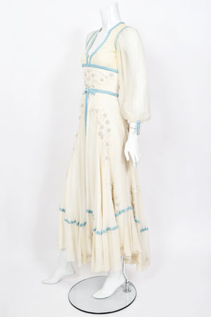 1975 Thea Porter Couture Ivory Silk Embroidered Floral Billow-Sleeve 'Gypsy' Dress