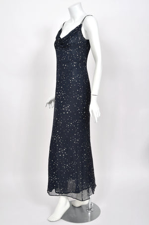 1998 Moschino Runway Navy Blue Sheer Silk Chiffon Star Motif Rhinestone Maxi Slip Dress