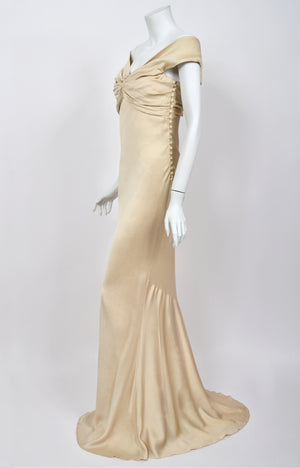 2007 John Galliano Champagne Silk Satin Off-Shoulder Bustier Bias-Cut Gown w/Tags