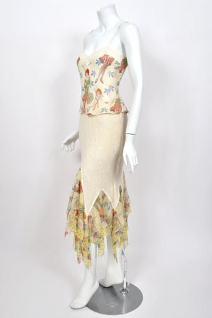 2004 John Galliano 'Cherubs & Flappers' Whimsical Print Silk Camisole & Cashmere Knit Bias-Cut Skirt Set