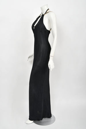 1998 Versace Couture Black Stretch Knit & Sheer Silk Cut-Out Hourglass Gown