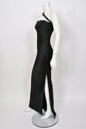 2001 Christian Dior by John Galliano Black Silk Leather-Strap Bondage Bias-Cut Gown