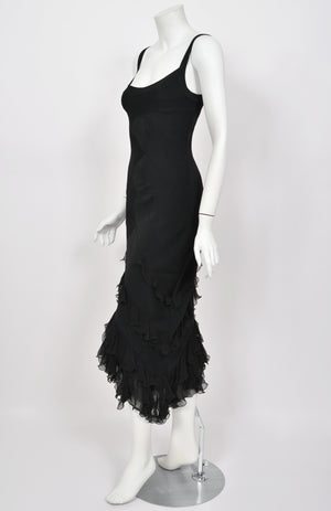 2004 Christian Dior by John Galliano Black Stretch Knit Ruffle-Hem Hourglass Dress