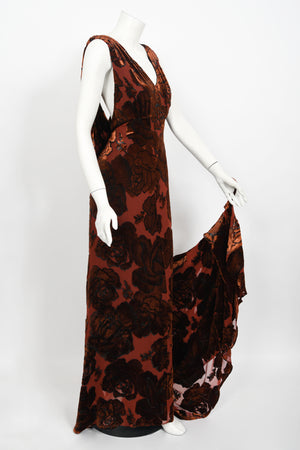 1999 Galindo Couture Metallic Amber Devoré Velvet Bias-Cut Trained Gown
