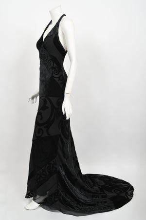 1997 Galindo Couture Black Devoré Velvet Bias-Cut Halter Trained Gown