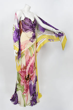 2005 Roberto Cavalli Large-Scale Floral Silk Bustier High-Slit Gown & Shawl