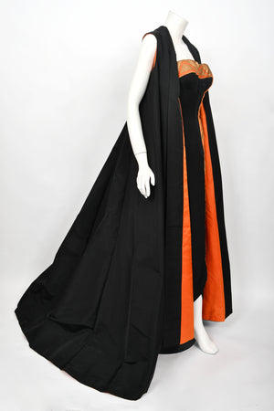1950's Yma Sumac Custom Couture Black & Orange Silk Hourglass Gown Ensemble