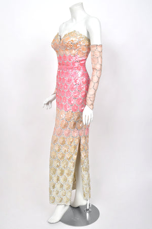 1950's Custom Couture Fully Sequin Pink Ombré Rhinestone Hourglass Gown w/ Gloves