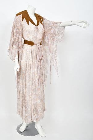 1971 Giorgio Sant' Angelo Watercolor Chiffon & Suede Angel-Sleeve Wrap Dress