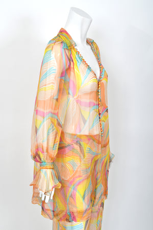 1967 Jean Muir Documented Psychedelic Op-Art Sheer Silk Tunic Mini Dress & Pants