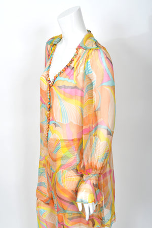 1967 Jean Muir Documented Psychedelic Op-Art Sheer Silk Tunic Mini Dress & Pants