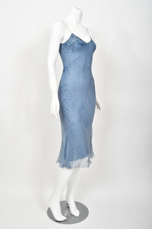 2000 Christian Dior by John Galliano Trompe L'oeil Denim Print Silk Bias-Cut Dress