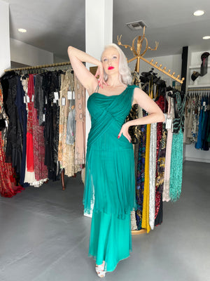 1958 Irene Lentz Couture Teal Green Draped Silk Grecian Goddess Gown