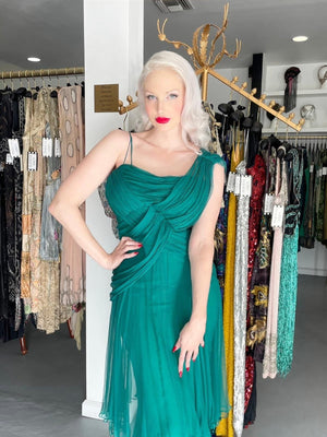1958 Irene Lentz Couture Teal Green Draped Silk Grecian Goddess Gown