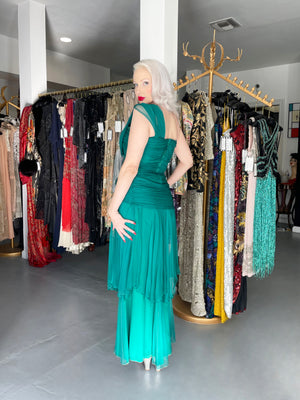 1958 Irene Lentz Couture Teal Green Draped Silk Grecian Goddess Gown
