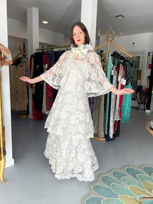 1960’s Arnold Scaasi Couture White Embroidered Floral Lace Strapless Tiered Gown & Capelet