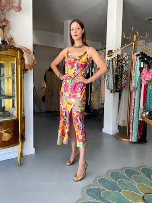 2005 Christian Dior by John Galliano Colorful Tie Dye Floral Silk Bias-Cut Dress