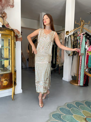 1920's Iridescent Ivory & Gold Beaded Sequin Sheer-Net Tabard Flapper Dress