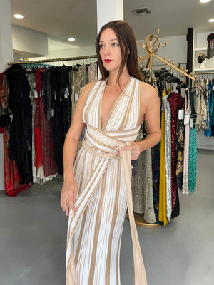2002 Christian Dior by John Galliano Striped Stretch Knit Low-Plunge Gown