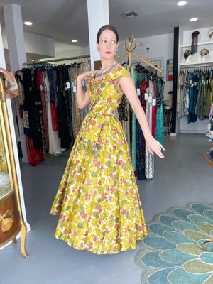 1950's Lanvin Castillo Haute Couture Watercolor Floral Silk Print Full-Skirt Gown