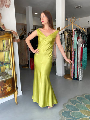 1995 Gianni Versace Couture Documented Runway Chartreuse Silk Off-Shoulder Gown