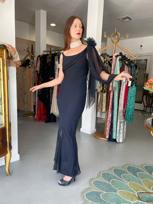 2002 Chanel Cruise Collection Midnight Blue Silk Chiffon Draped Bias-Cut Gown
