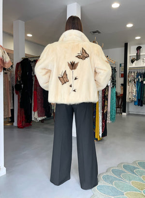 1980's Balenciaga Couture 'Butterflies & Flowers' Printed Mink Fur Bomber Jacket