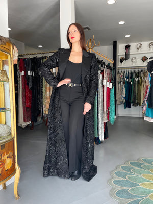 1984 Yves Saint Laurent Haute Couture Sequin Satin Maxi Tuxedo Jacket