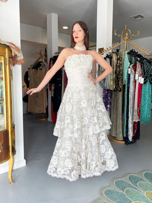 1960’s Arnold Scaasi Couture White Embroidered Floral Lace Strapless Tiered Gown & Capelet