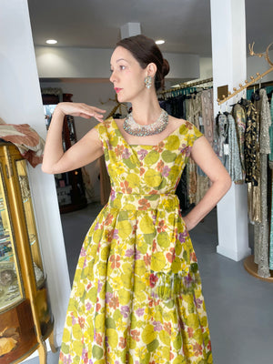 1950's Lanvin Castillo Haute Couture Watercolor Floral Silk Print Full-Skirt Gown