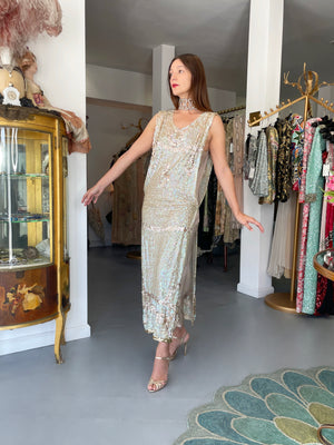 1920's Iridescent Ivory & Gold Beaded Sequin Sheer-Net Tabard Flapper Dress
