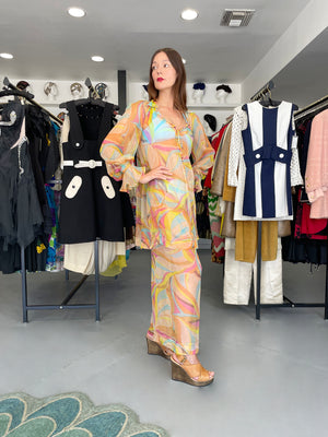 1967 Jean Muir Documented Psychedelic Op-Art Sheer Silk Tunic Mini Dress & Pants