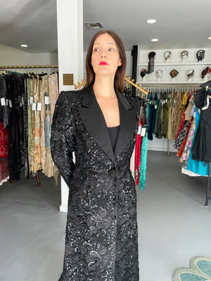 1984 Yves Saint Laurent Haute Couture Sequin Satin Maxi Tuxedo Jacket