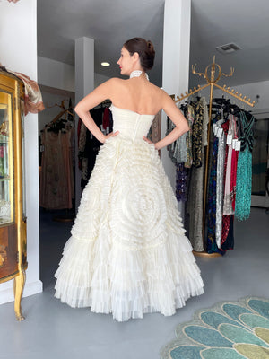 1950's Ivory Chiffon Strapless Tiered Ruffle Full-Length 'New Look' Bridal Gown