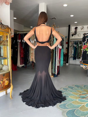 2001 Versace Couture Documented Runway Black Sheer Silk & Leather Bias-Cut Gown