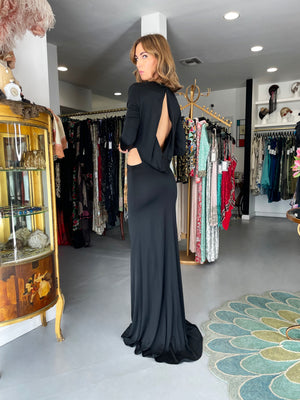 2004 Gucci by Tom Ford Black Silk Jersey Plunge Long Sleeve Cut-Out Finale Gown