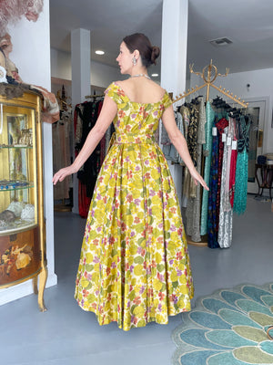 1950's Lanvin Castillo Haute Couture Watercolor Floral Silk Print Full-Skirt Gown