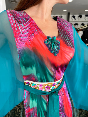1970 Thea Porter Couture Colorful Patchwork Sheer Silk Bohemian Abaya Caftan