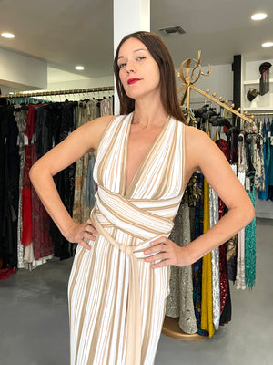 2002 Christian Dior by John Galliano Striped Stretch Knit Low-Plunge Gown