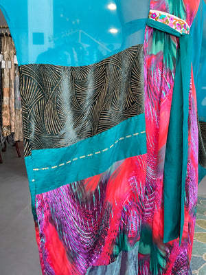 1970 Thea Porter Couture Colorful Patchwork Sheer Silk Bohemian Abaya Caftan