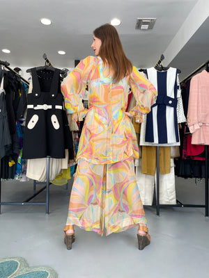 1967 Jean Muir Documented Psychedelic Op-Art Sheer Silk Tunic Mini Dress & Pants