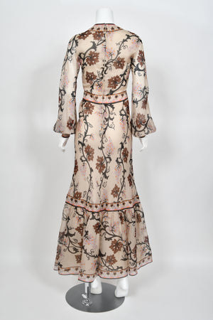 1972 Emilio Pucci Grapevine Motif Sheer Silk Organza Billow-Sleeve Maxi Dress