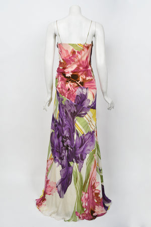 2005 Roberto Cavalli Large-Scale Floral Silk Bustier High-Slit Gown & Shawl