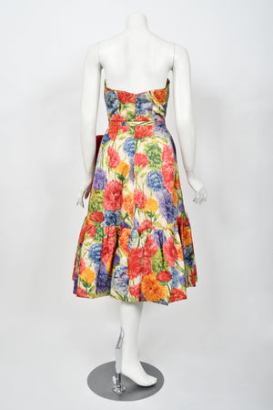 1958 Arnold Scaasi Couture Colorful Floral Silk Strapless Dress & Swing Jacket